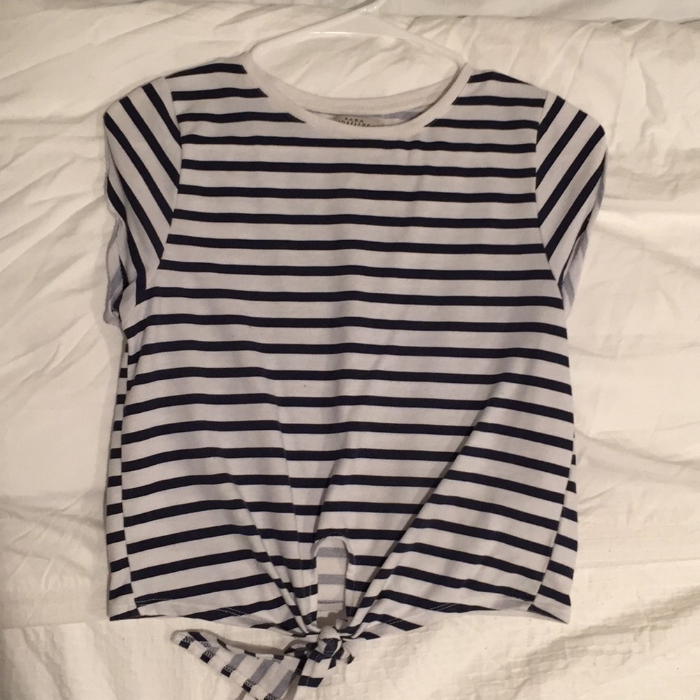 Zara top tie front navy/white stripes